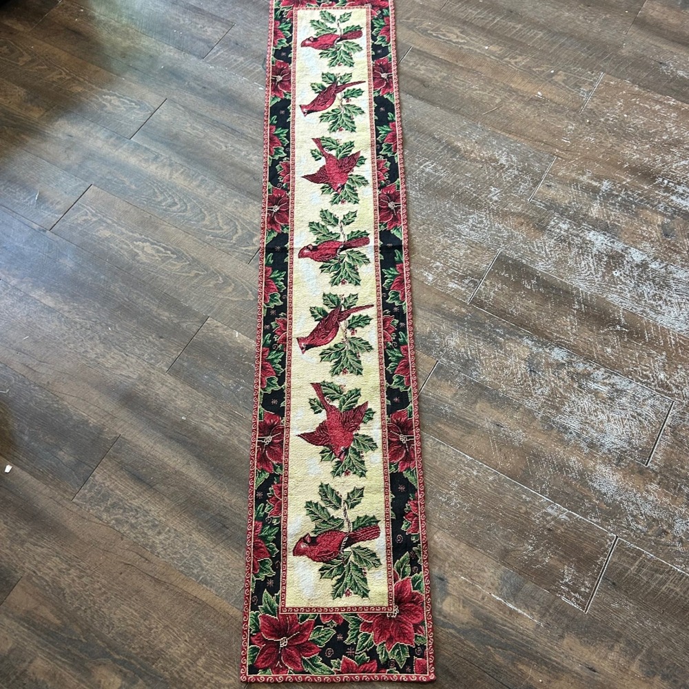 Christmas Cardinal Poinsettia Woven‎ Tapestry Table Runner Red  13x71 Vintage